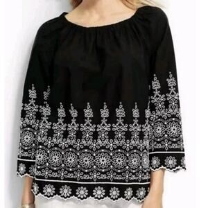Talbots Peasant Blouse Plus 1X Black w/ White Eyelet Lace Scallop Hem 3/4 Sleeve